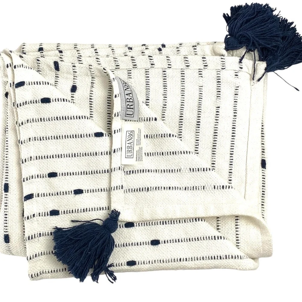 Urban86 Woven Textured Striped Tassel Throw Blanket White Navy